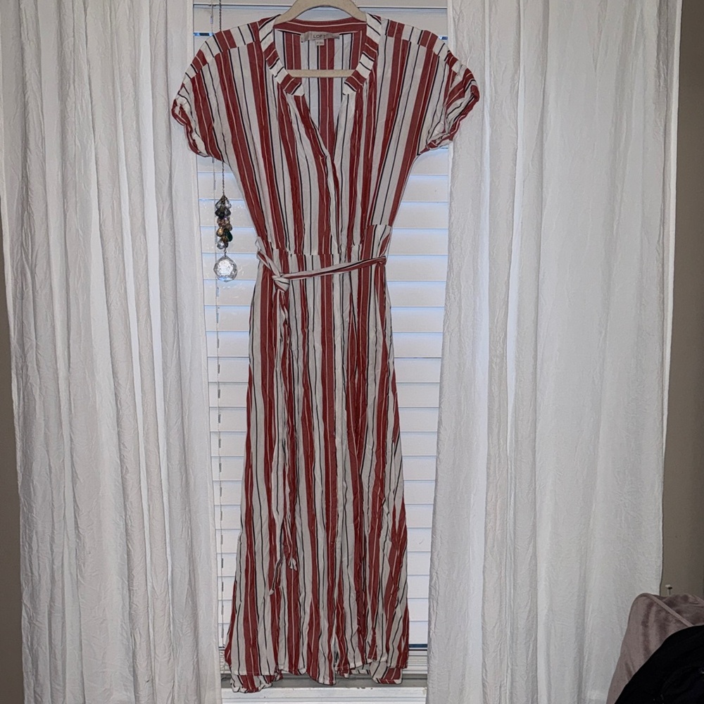 LOFT dusty Red, White, blue Striped Midi Dress